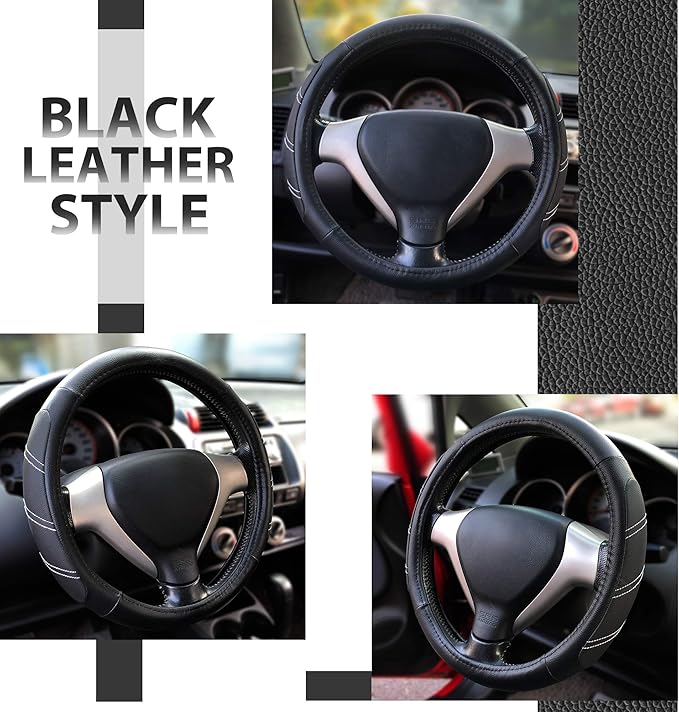 Elantrip Sport Leather Steering Wheel Cover 14 1/2 inch to 15 inch Universal, Padded Soft Grip Breathable for Car Truck SUV Jeep, Anti Slip Odorless Black