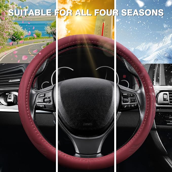 【2025 Model】 Premium Nappa Leather Car Steering Wheel Cover for Men Women, Non-Slip, Breathable, Universal 15 inches Steering Wheels, Red
