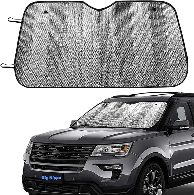 Big Hippo Car Windshield Sun Shade-Jumbo/Standard Car Window Shades Keeps Vehicle Cool-Front UV Ray Protector Sunshade-Easy to Use Sun Shade-Silver(55.16"X 27.5")