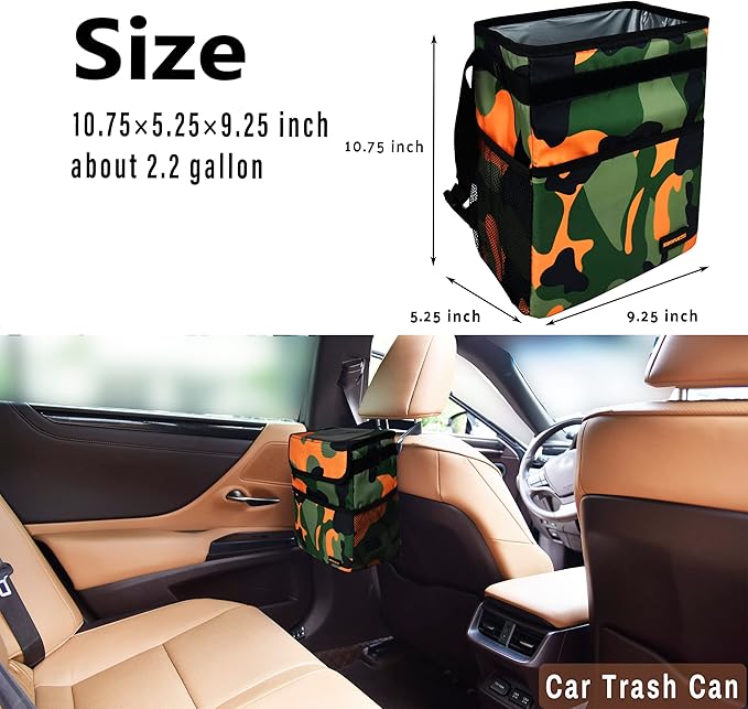 Cute Car Trash Can with Lid – Multipurpose Collapsible Trash Bin for Car, Leak-Proof Organizer, Waterproof Garbage Can with Storage Pockets & Adjustable Straps, 2 Gallons (Camo Orange)