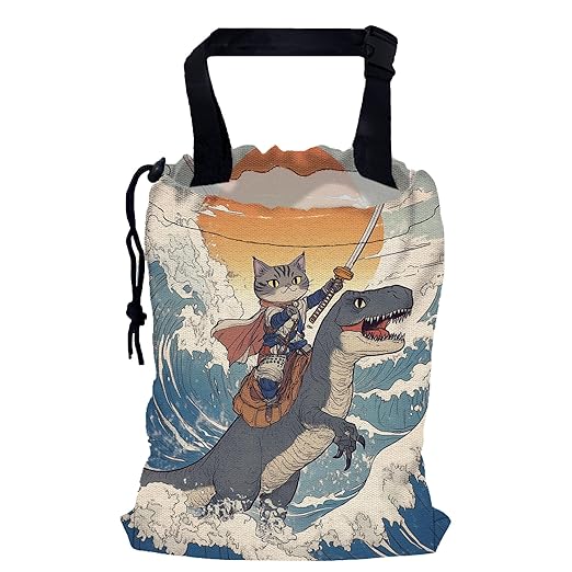 Funny Cat Rides Dinosaur Car Trash Bag,Cowboy Cat on Sea Wave Hanging Drawstring Car Garbage Bag,Canvas Car Back Seat Organizer with Adjustable Buckle for Men and Women
