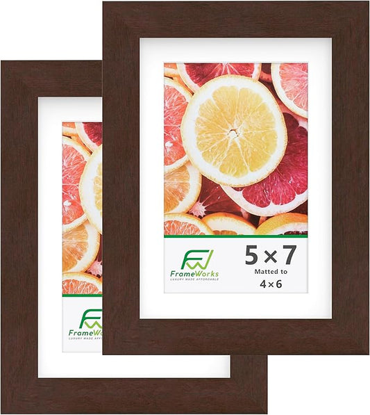 FrameWorks 2-Pack, 5x7 Matted to 4x6 Picture Frame, Mahogany – Classic Wooden Photo Frame with Tempered Glass, Modern Matte Finish for Prints, Posters, Certificates & Wall Decor – Gallery-Ready