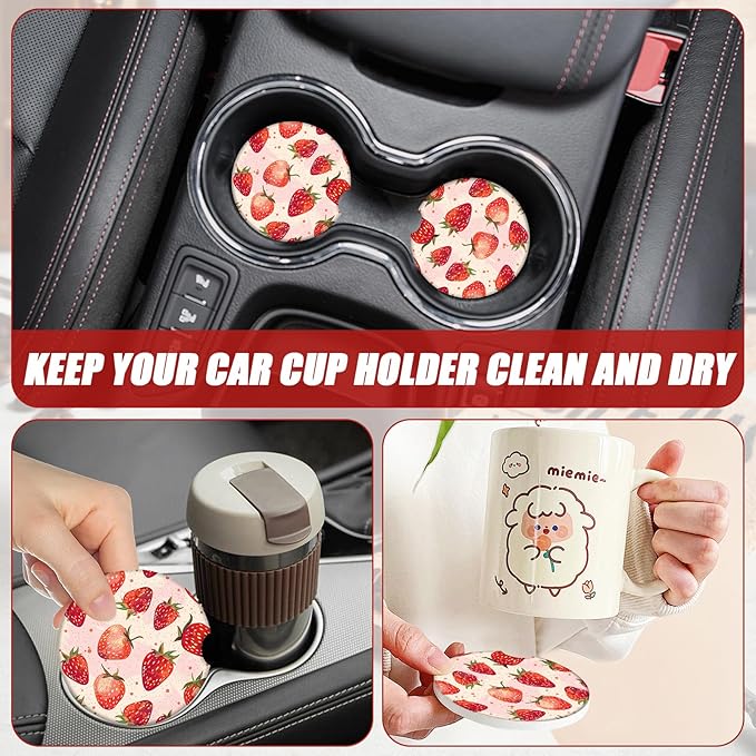 Cute Strawberry Car Coasters for Cup Holders, Absorbent Ceramic Car Coaster Car Cup Holder Coaster Car Accessories for Women Men (2 Pack)