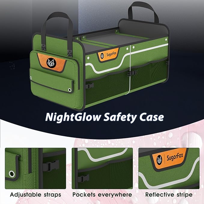Foldable Waterproof Car Organizer with Non-Slip Traction Rope, 23.2”x13.8”x11.8” Heavy-Duty Trunk Organizer for SUV, Car Essentials List, Portable Vehicle Organizer,GREEN-M003
