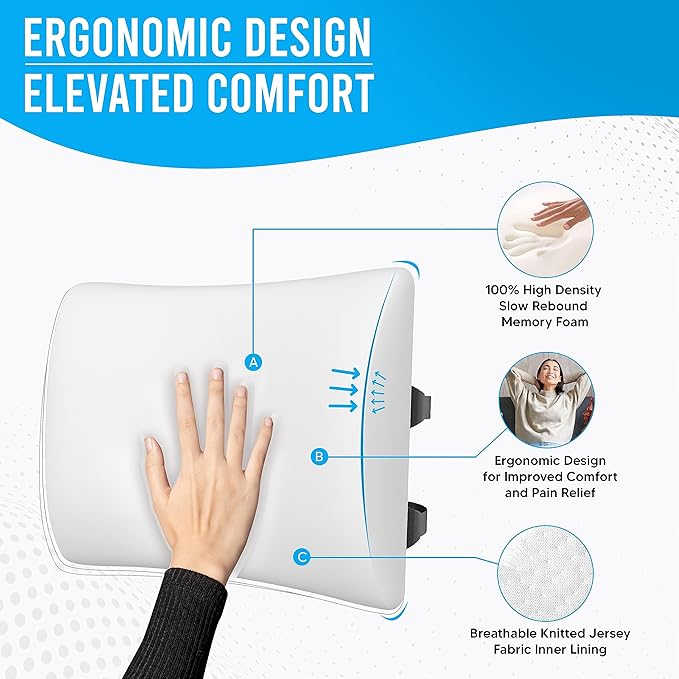 Memory Foam Seat Cushion & Lumbar Support Pillow Set w/Mesh & Velvet Covers - for Office Chair, Car, Plane, Travel - Back Rest Coccyx Pillow for Lower Back, Sciatica, Posture