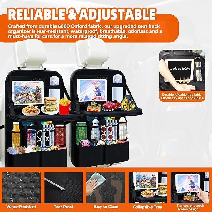 2 Pc Car Backseat Organizer with Foldable Food Tray,11+2 Storage Pockets with Tablet Holder &Cup Holder,Waterproof Kick Mats Backseat Protector Multipurpose Car Organizers Road Trip Essentials Gifts