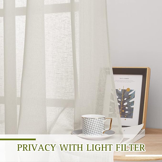 NICETOWN Linen Sheer Kids Room Curtains 63 inches Long, Grommet Linen Blend Semi Sheer Privacy Window Treatments Light Filtering Drapes for Living Room, Natural, W62 x L63, Set of 2