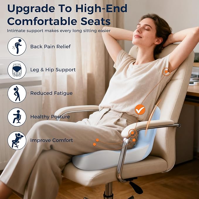 Seat Cushion, Office Chair Cushions for Lower Back Tailbone Protect, Seat Cushions for Office Chair with L-Shaped Ergonomic Design, Memory Foam Chair Cushion for Long Sitting Office Worker(Blue Grey)
