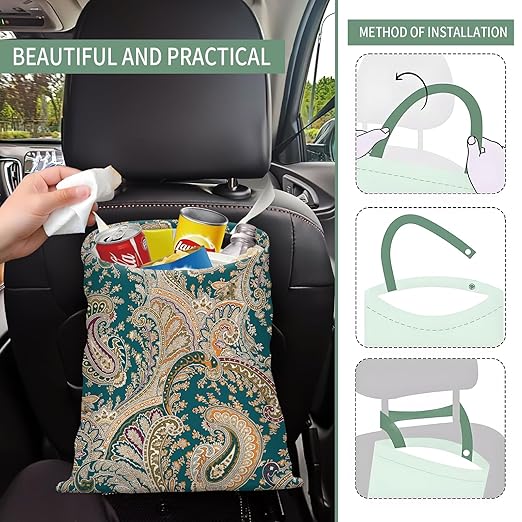 Cute Car Trash Can, Hanging Canvas Car Back Seat Organizer and Storage Bag, Funny Car Trash Bag For Travelling, Outdoor Luxury Boho Paisley Flower