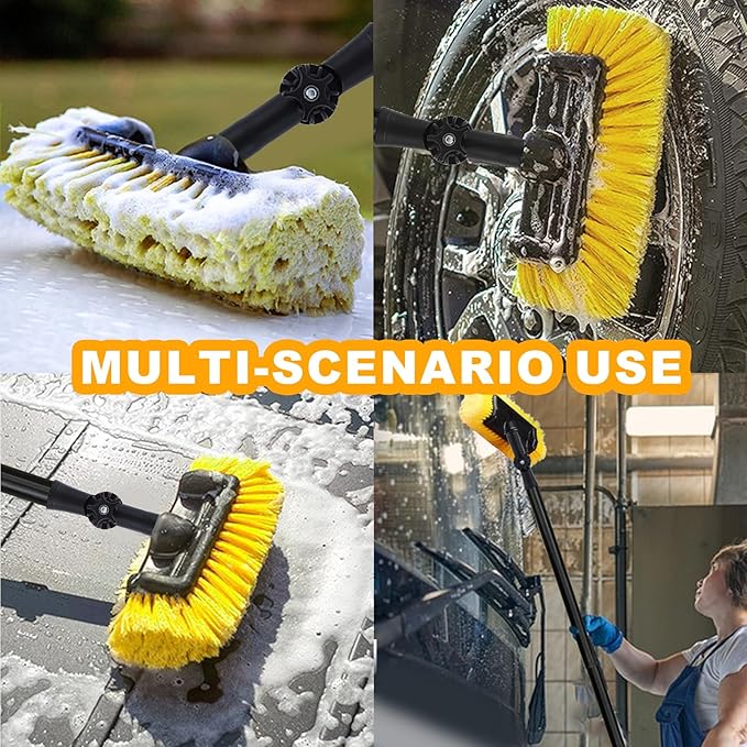 Car Wash Brush Long Handle Car Cleaning Brush with Universal Joint Angle Adapter Soft Bristle No Scratch Car Cleaning Tools for Car RV Truck Boat Deck Window House Siding