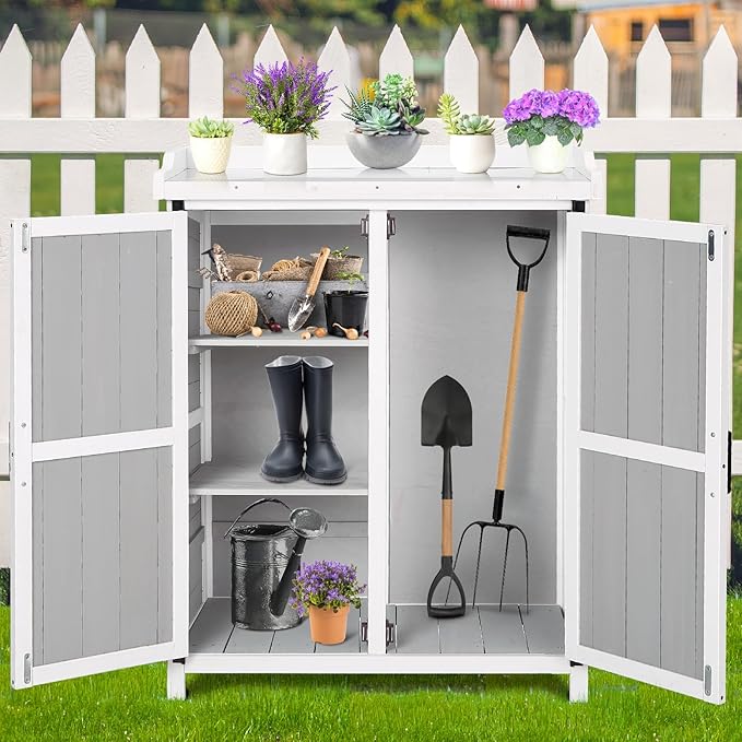 Outdoor Cabinet with Metal Tabletop Garden Potting Bench Table - Outdoor Garden Patio Wooden Storage Cabinet with Adjustable Shelf, Wooden Storage Cabinets, Weatherproof for Garden Patio Lawn