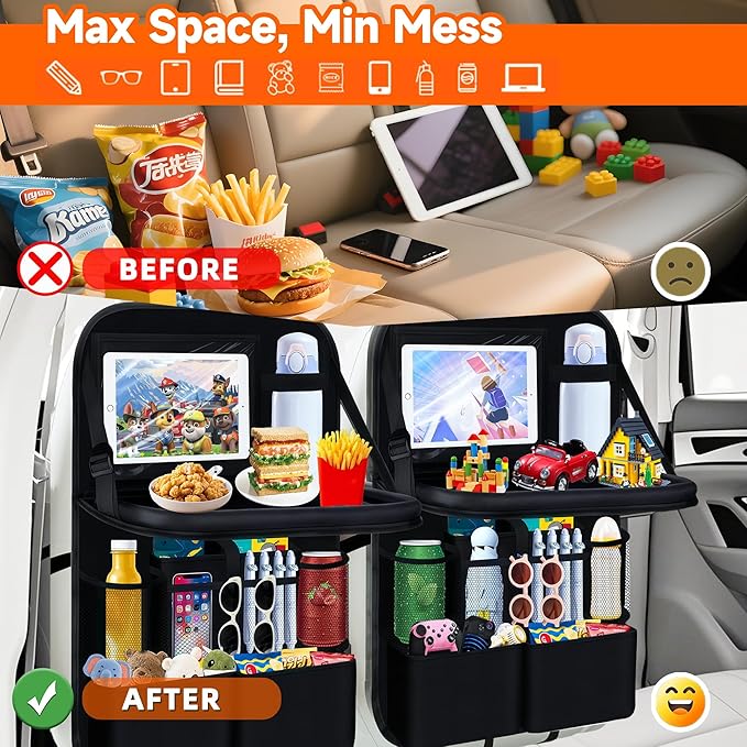 2 Pc Car Backseat Organizer with Foldable Food Tray,11+2 Storage Pockets with Tablet Holder &Cup Holder,Waterproof Kick Mats Backseat Protector Multipurpose Car Organizers Road Trip Essentials Gifts