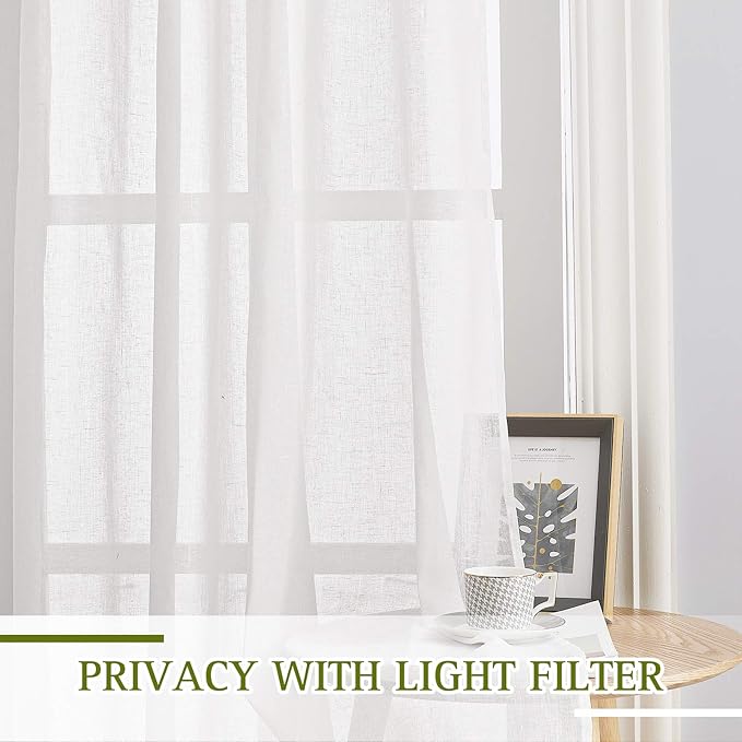 NICETOWN White Linen Sheer 90 inch Curtains for Living Room, Grommet Semi Sheer Window Treatment Linen Blend Privacy with Light Filtering Drapes for Farmhouse/Cottage, W36 x L90, 2 Panels