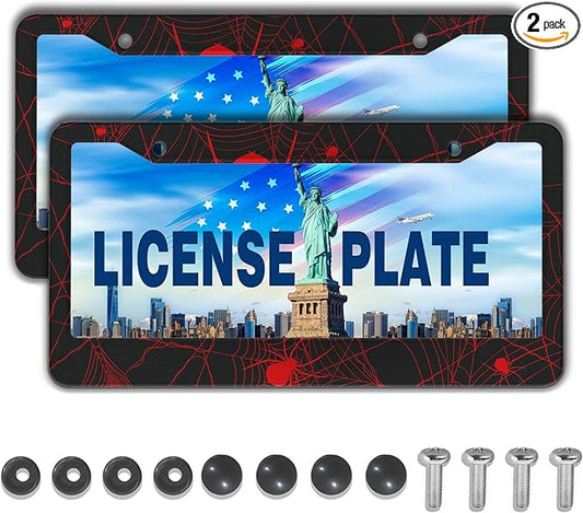 Custom License Plate Frame Red and Black License Plate Frames Red Spider Web Universal Aluminum Car Accessory 2 Pack with Screw Covers Set
