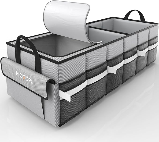 HOTOR Collapsible Car Trunk Organizer with Built-In Leakproof Cooler - Multi-Compartment Storage for SUV, Sedan & Vehicles, Base Panel Included (3 Sections,Grey, 31.9"×12.6"×10.6")