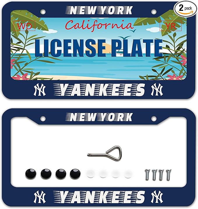 2 Pack Blue Yankees Design License Plate Frame Durable New York Baseball Team Decorative Stainless Steel Car License Plate Cover for Men Women Boys Girls Fans 12 X 6 Inch