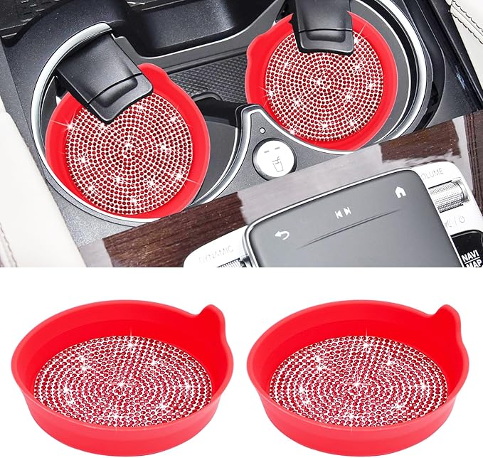 Amooca Car Cup Coaster Universal Non-Slip Cup Holders Bling Crystal Rhinestone Car Interior Accessories 2 Pack Red Whole Rhinestone