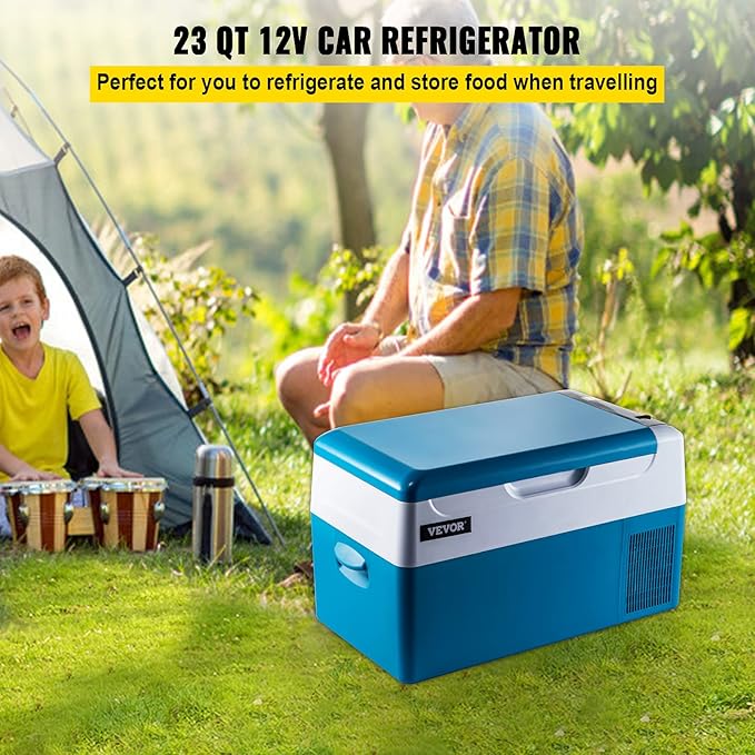 VEVOR Portable 23 Quart(22 Liter) 12 Volt App Control(-4℉~68℉), Car Refrigerator Electric Compressor Cooler with 12/24v DC & 110-240v AC for Camping, Travel, Fishing, Outdoor, White+Blue