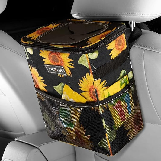 HOTOR Car Trash Can with Lid and Storage Pockets - 100% Leak-Proof Organizer, Waterproof Garbage Can, Multipurpose Trash Bin for Car, 2 Gallons, Sunflower