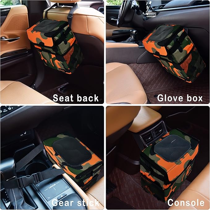 Cute Car Trash Can with Lid – Multipurpose Collapsible Trash Bin for Car, Leak-Proof Organizer, Waterproof Garbage Can with Storage Pockets & Adjustable Straps, 2 Gallons (Camo Orange)