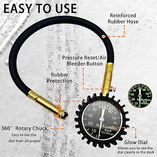 SUVCARMPING 100 PSI Tire Pressure Gauge Accurate Air Pressure Gauge (±1%), for Tires with Large Glow Dial, Valve Cap and Valve Core Tool, Black