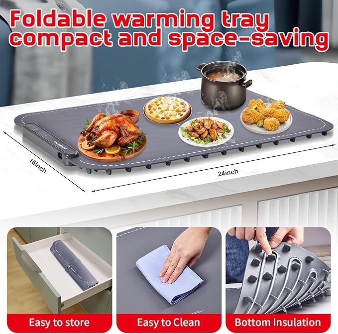 Warming Mat for Food,10s Rapid Warm Food Warming Mat,3-Temp Portable Food Warmer,Fast Heating Auto Shut Off Chafing Dishes For Buffet,Roll Up Food Warmers For Parties Buffet Roll-up Silicone Buckle