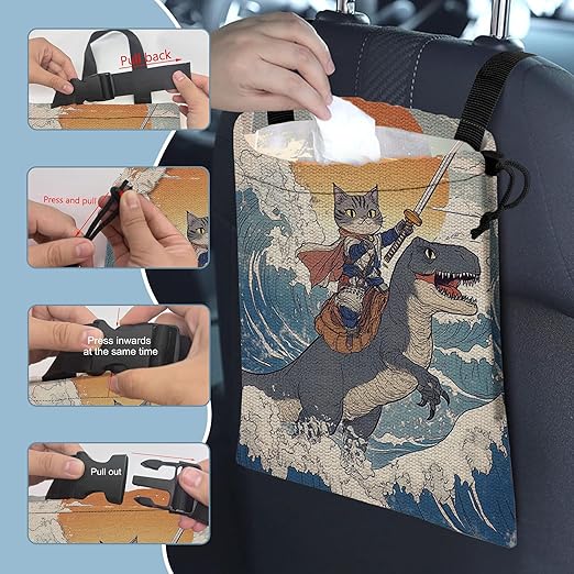 Funny Cat Rides Dinosaur Car Trash Bag,Cowboy Cat on Sea Wave Hanging Drawstring Car Garbage Bag,Canvas Car Back Seat Organizer with Adjustable Buckle for Men and Women