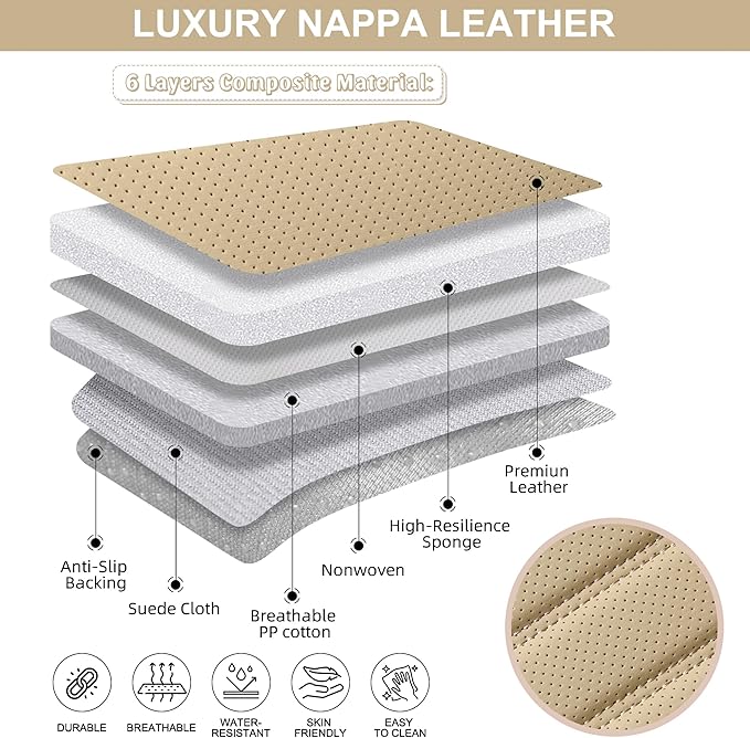 2 Pack Front Car Seat Bottom Covers, Universal Auto Seat Cushions, Nappa Leather Full Wrapping Edge Compatible with Most of Vehicles - SUVs/Sedans/Pickup Trucks, Beige