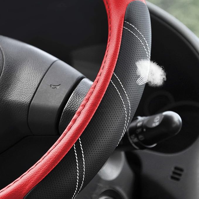 Elantrip Leather Steering Wheel Cover 15 1/2 to 16 inch Universal Large Grip Breathable for Car Truck SUV Jeep Anti Slip Black and Red