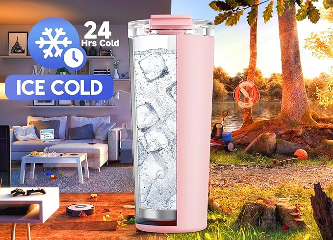 Meoky 24 oz Travel Coffee Mug with Leak-proof Lid, Stainless Steel Insulated Coffee Tumbler, Keeps Hot for 8 Hours or Cold for 24 Hours, Fits in Car Cup Holder (Blush)