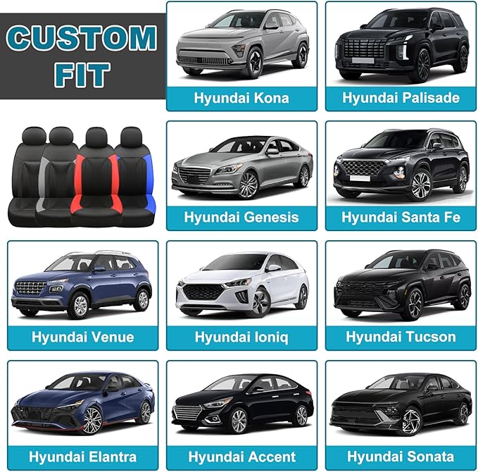 GIANT PANDA 2 Front Leather Car Seat Cover for Hyundai,3D Air Cool Mesh Thick Seat Covers Custom Fit Hyundai Sonata Elantra Santa Fe Tucson Accent Kona Palisade Genesis Venue Ioniq (Grey+Black)
