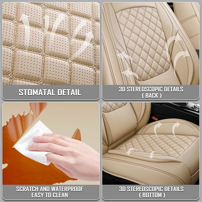 Premium Leather Car Seat Covers, Universal Fit for Cars SUVs Trucks and Sedans, Waterproof Car Seat Cushion with Airbag Compatible & Scratch-Resistant, Beige Seat Covers for 5 Seats