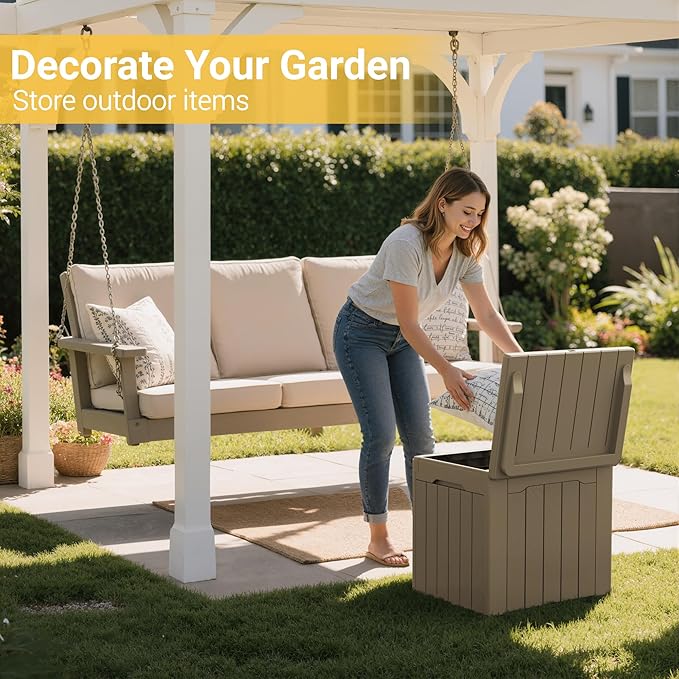 Greesum 31 Gallon Resin Deck Box Large Outdoor Storage for Patio Furniture, Garden Tools, Pool Supplies, Weatherproof and UV Resistant, Lockable, Light Coffee