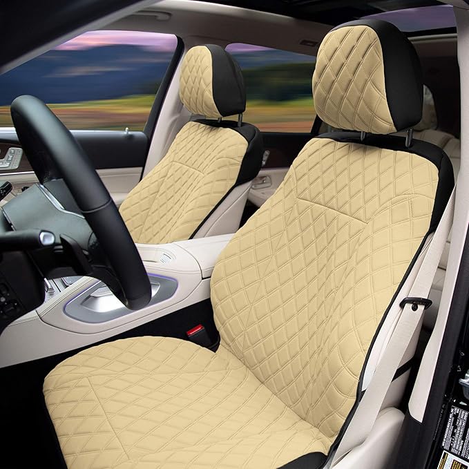 TLH Prestige 79 Diamond Stitch Beige Neosupreme Car Seat Cushions, Two Pack Seat Covers for Cars, Water Resistant, Universal Fit Car Seat Protector