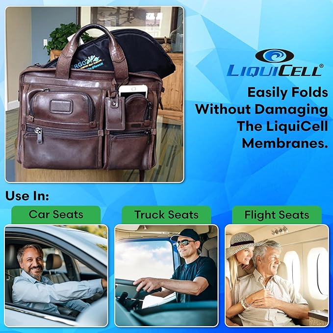 Travel Seat Cushion with LiquiCell Technology – Thin Orthopedic Butt Pillow for Sciatica, Tailbone, Coccyx & Back Pain – Seat Pad for Car Driving, Truck, Wheelchair, Airplane, Office, Home Use