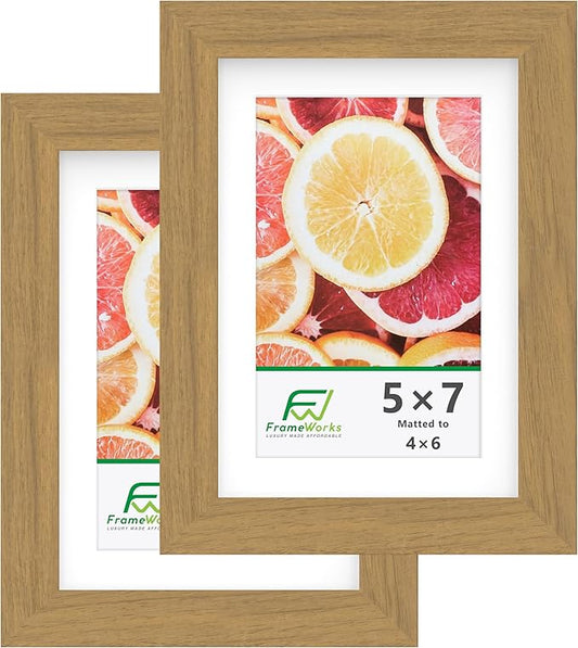 FrameWorks 2-Pack, 5x7 Matted to 4x6 Picture Frame, Golden Oak – Classic Wooden Photo Frame with Tempered Glass, Modern Matte Finish for Prints, Posters, Certificates & Wall Decor – Gallery-Ready