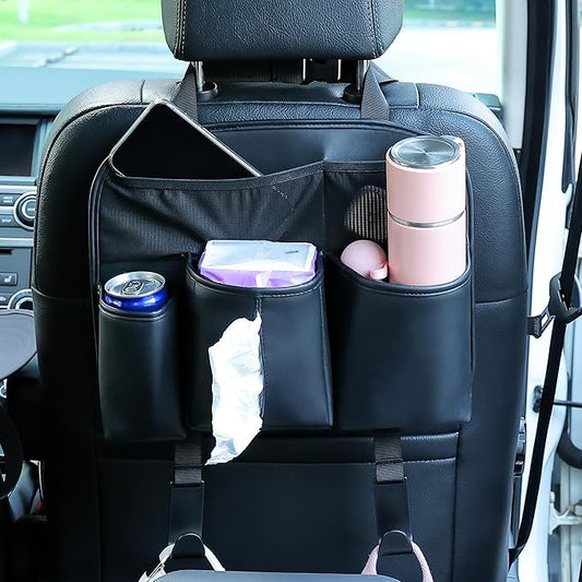 Amooca Car Backseat Organizer PU Leather Storage Bags Travel Accessories Large Pockets for Water Bottle Drink Tissue with Hooks