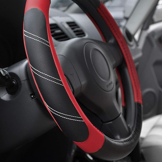 Elantrip Leather Steering Wheel Cover 15 1/2 to 16 inch Universal Large Grip Breathable for Car Truck SUV Jeep Anti Slip Black and Red