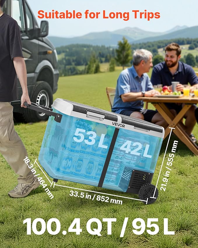VEVOR 12 Volt Car Refrigerator, 100.4QT/95L Car Fridge, Dual Zone Portable Electric Cooler with Wheels and Handle, -4℉~68℉, 12/24V DC 100-240V AC Compressor Freezer for Outdoor, Camping, Travel, RV