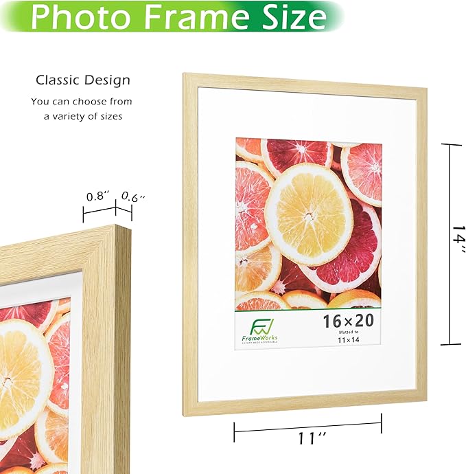 FrameWorks 2-Pack, 16x20 Matted to 11x14 Picture Frame, Natural Oak – Classic Wooden Photo Frame with Tempered Glass, Modern Matte Finish for Prints, Posters, Certificates & Wall Decor – Gallery-Ready