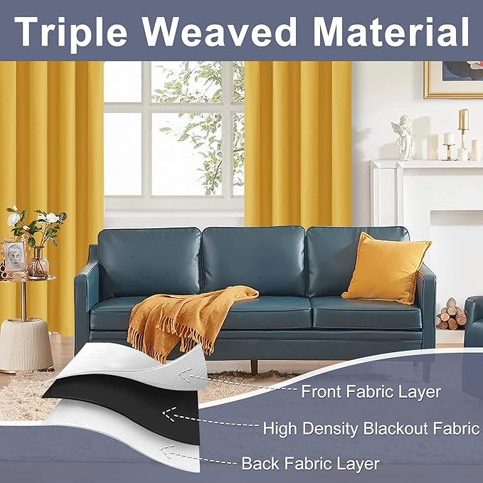JIUZHEN Blackout Curtains for Bedroom - Thermal Insulated Room Darkening Noise Reducing, 70 x 63 Inch Length Curtains for Living Room, Set of 2 Panels with Tiebacks, Mustard Yellow