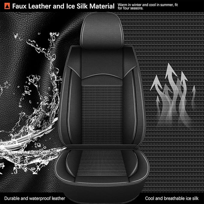 2 Front Car Seat Covers Fit for Nissan Frontier 2009-2024 2025 Ice Silk Leather Breathable Waterproof Automotive Seat Cushion Compatible Airbag (2 Seats & Black)