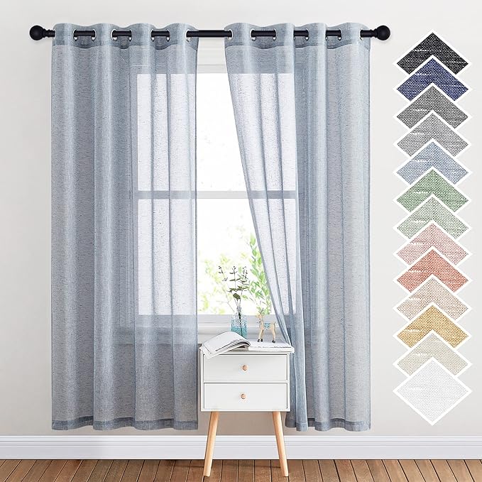 NICETOWN Semi Sheer Linen Blend Window Curtains, Grommet Solid Curtain Privacy with Light Filter Flax Texture Window Treatment Vertical Drape for Bedroom/Living Room, W52 x L72, Sea Mist, 1 Pair