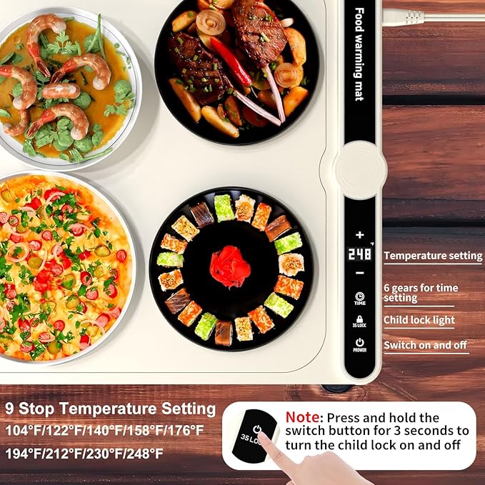Warming Mat for Food, Food Warmers for Parties Buffet, 9 Temp Levels, Timer, Waterproof, Heat Insulating, Dishwasher-Safe, for Home, Bread Dough to Rise