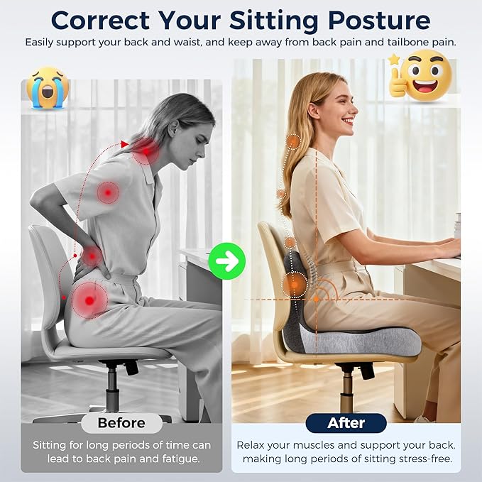 Seat Cushion, Office Chair Cushions for Lower Back Tailbone Protect, Seat Cushions for Office Chair with L-Shaped Ergonomic Design, Memory Foam Chair Cushion for Long Sitting Office Worker(Black Gray)