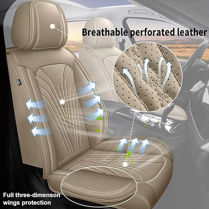 Seat Covers Fit for Nissan Frontier 2009-2024 2025: Faux Leather Car Seat Covers Full Set Breathable Waterproof Seat Cushions (5 Seats; Beige)