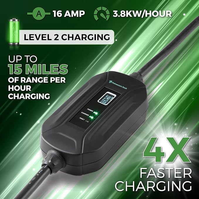 PRIMECOM Level 2 EV Charger 220/240V, 16A, 30ft & 50ft, Portable EVSE Electric Vehicle Charging Cable Compatible with Bolt Volt Leaf BMW i3 Fiat 500e Clarity NIRO Prius (50 Feet, 14-30P)