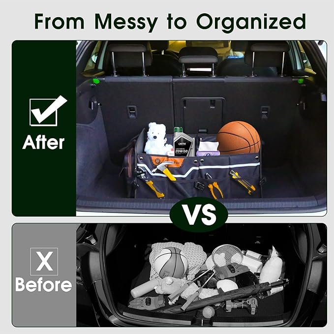 Foldable Waterproof Car Organizer with Non-Slip Traction Rope, 23.2”x13.8”x11.8” Heavy-Duty Trunk Organizer for SUV, Car Essentials List, Portable Vehicle Organizer,BLACK-M003