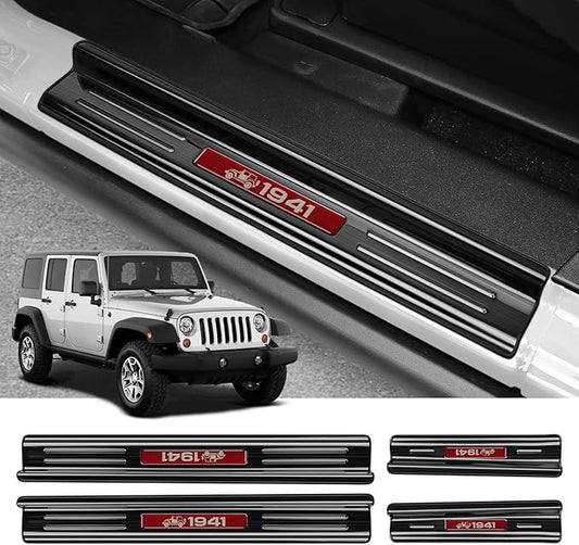 ZZEQYG 4 Pcs Stainless Steel Door Sill Protector Compatible with Jeep Wrangler JK JKU Sport Sahara Rubincon 2007-2017 Accessories Stainless Steel Red Trim 4-Door Sill Guards Trim