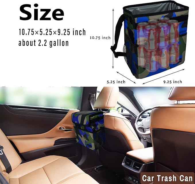 Cute Car Trash Can with Lid – Multipurpose Collapsible Trash Bin for Car, Leak-Proof Organizer, Waterproof Garbage Can with Storage Pockets & Adjustable Straps, 2 Gallons (Camo Blue)